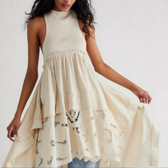 Free People Tops - Free People Floral Fields Maxi Tee Shark Bite Hem Tiered Linen Lace Ivory Lg NWT